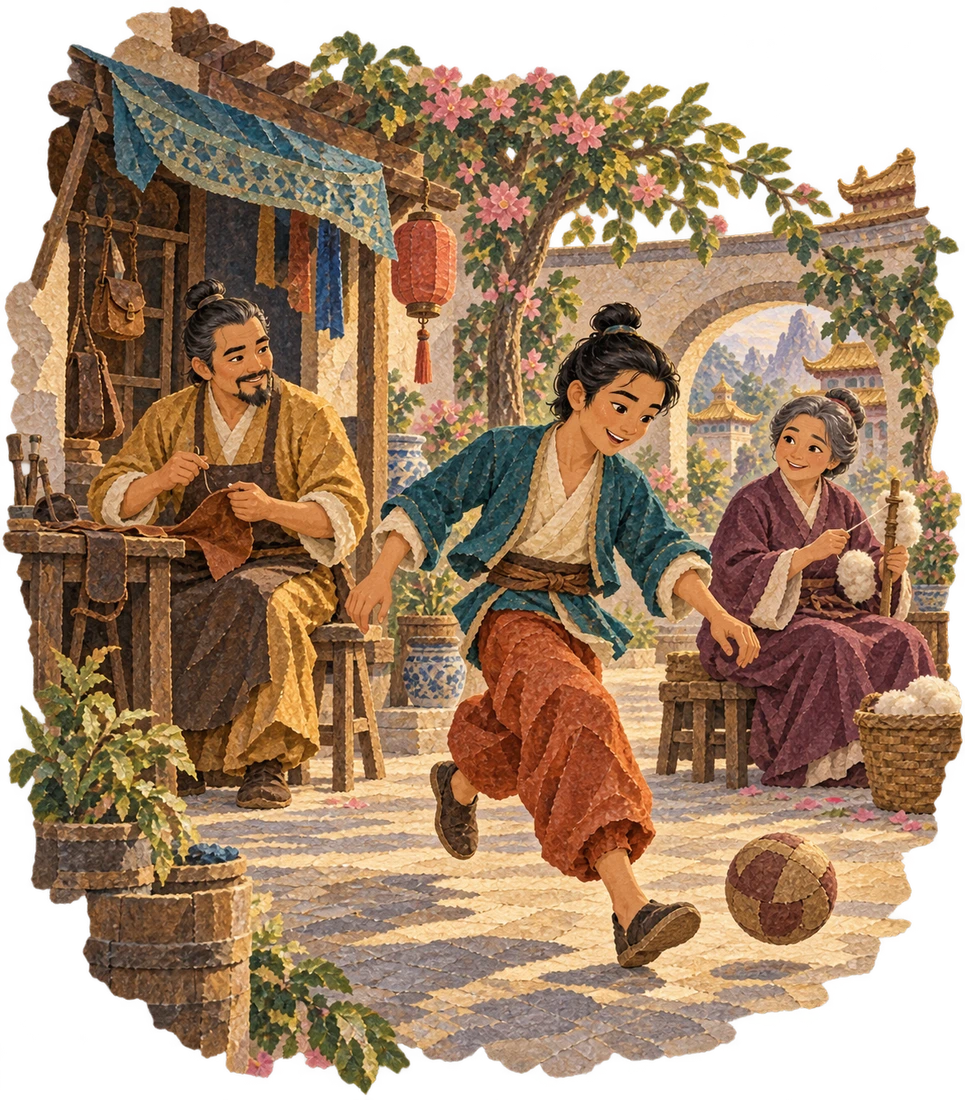 Young Aladdin plays near his tailor father’s shop as his mother spins cotton