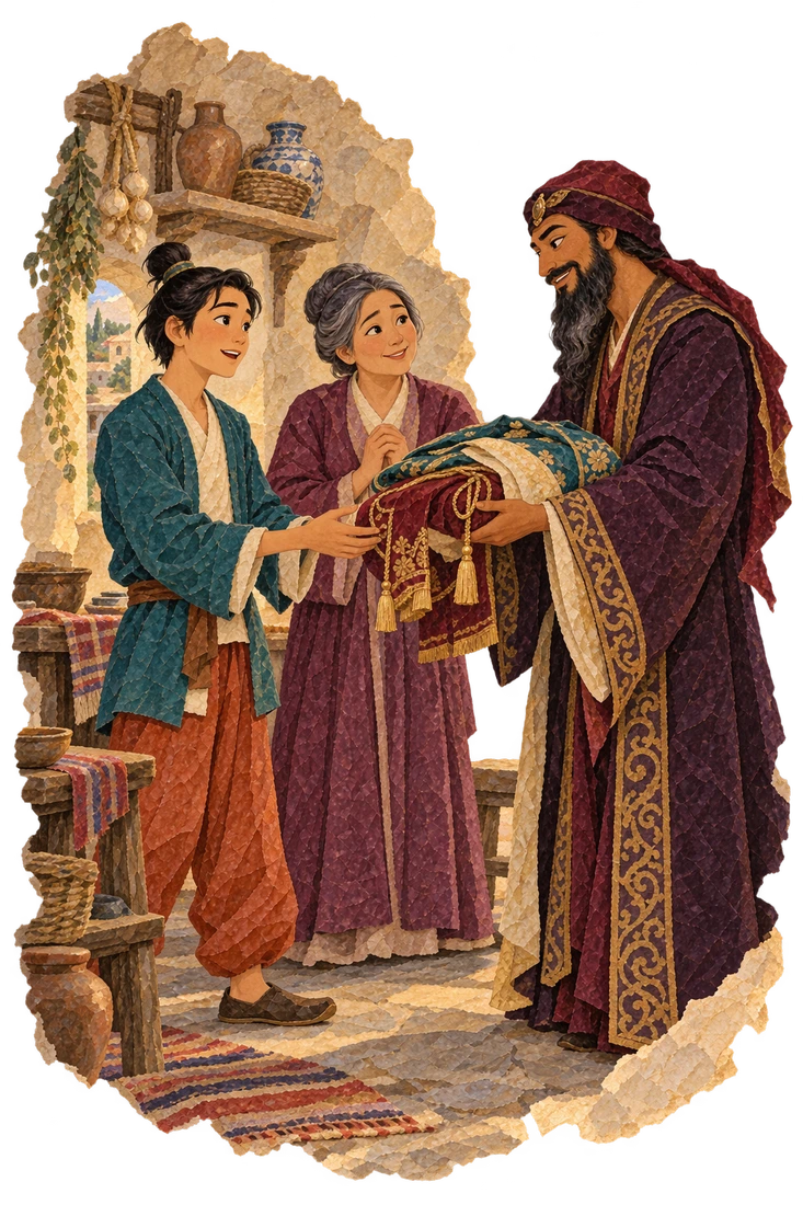A magician pretending to be Aladdin’s uncle brings him clothes and promises a shop