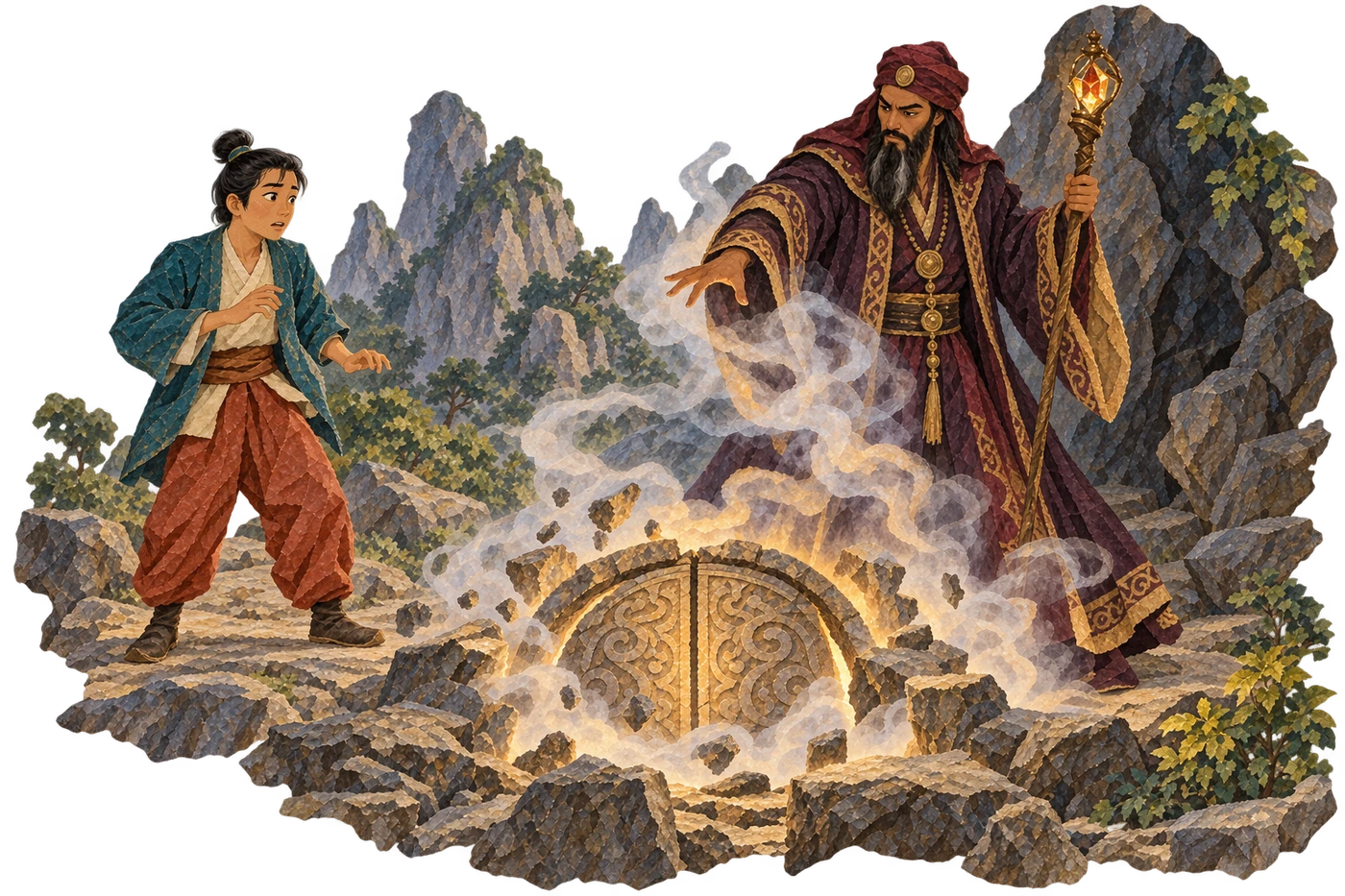 The magician leads Aladdin beyond gardens to a fire between two mountains