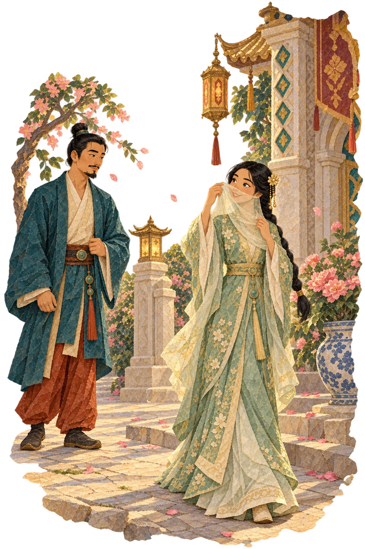 Adult Aladdin sees the Sultan’s daughter lifting her veil on a city street