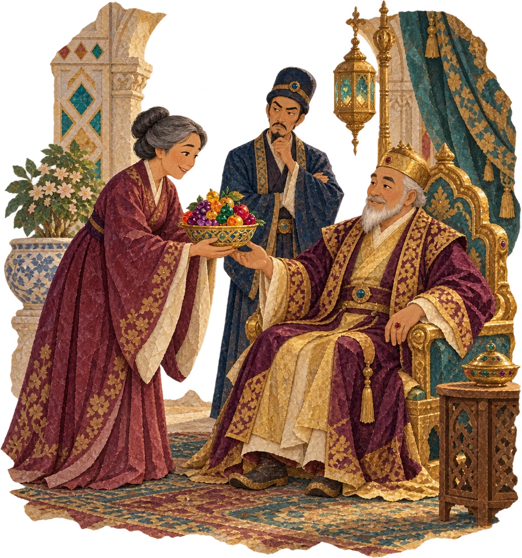 Aladdin’s mother presents the garden jewels to the Sultan while the Vizier watches