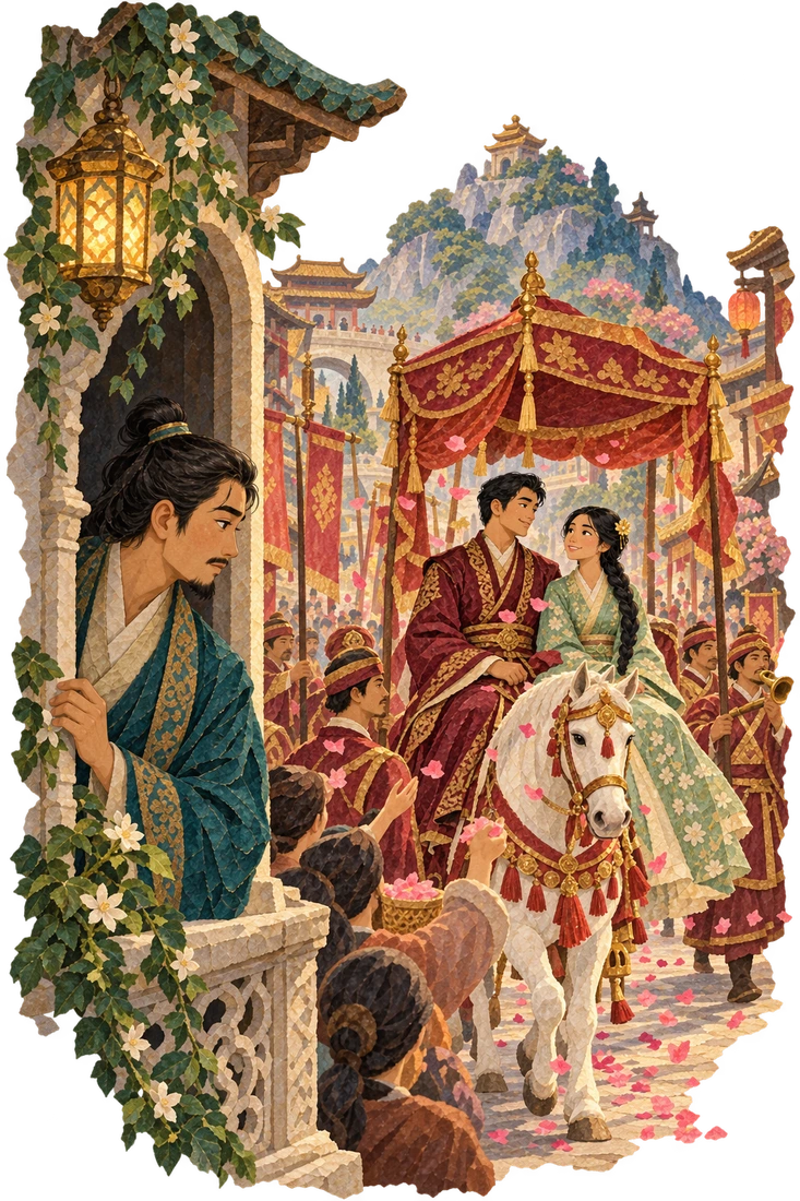 A wedding procession announces the Vizier’s son as bridegroom before Aladdin’s promised three months end