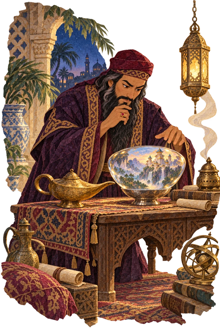 The magician in Africa discovers by magic that adult Aladdin is alive in his jeweled palace