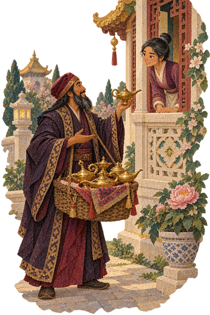 While Aladdin is away hunting the magician offers new lamps outside the palace