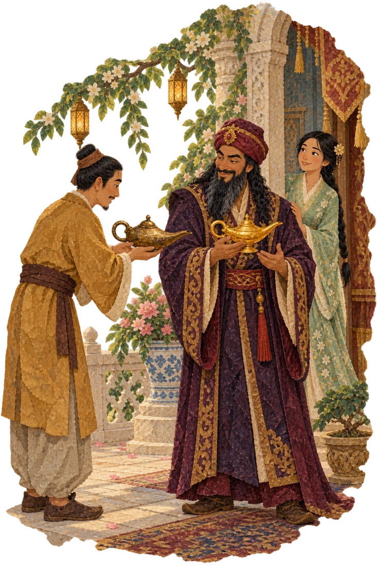 A palace servant exchanges the battered magical brass lamp for a shiny ordinary one