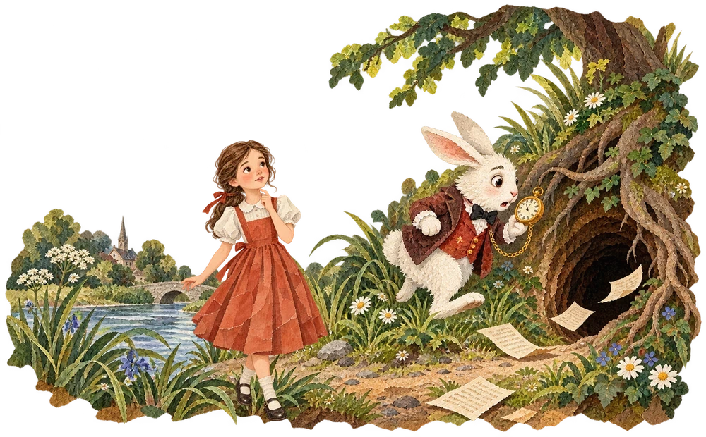 Alice follows a watch-carrying White Rabbit into a deep hole