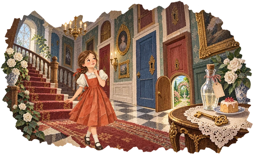Alice changes size beside the little garden door