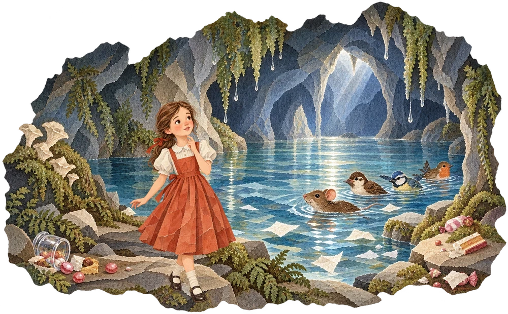 Alice swims with the Mouse and other creatures through her pool of tears