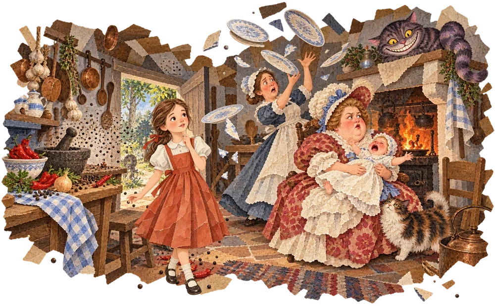Alice meets the Duchess, her pig-baby and the Cheshire Cat