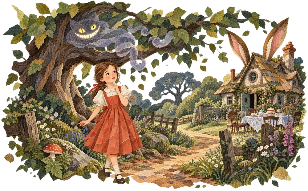 The Cheshire Cat points Alice toward the March Hare’s house