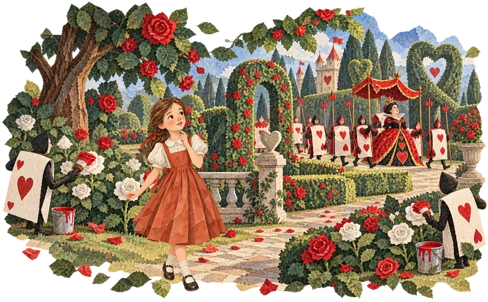Alice leaves the tea party and finds a way into the garden