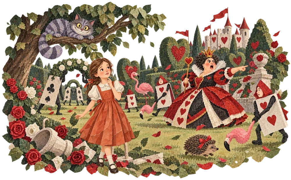 The Queen invites Alice to a croquet game with flamingos and hedgehogs
