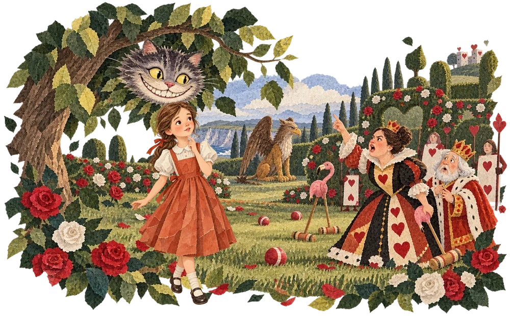 The King and Queen puzzle over the Cheshire Cat’s floating head