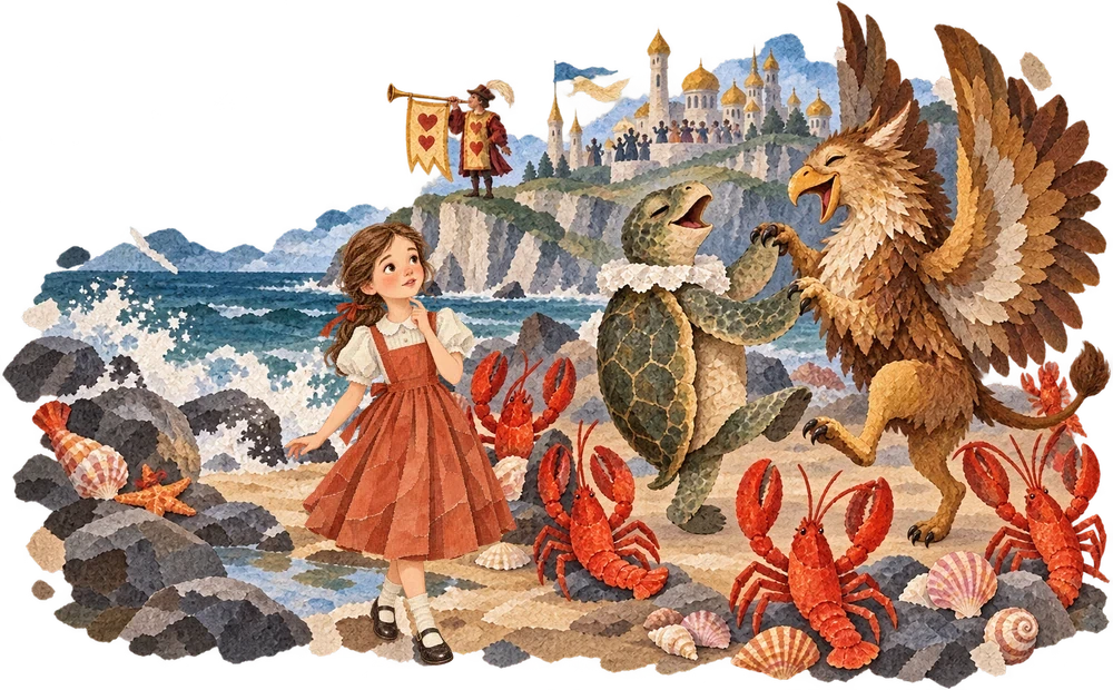 The Mock Turtle and Gryphon perform the Lobster Quadrille for Alice