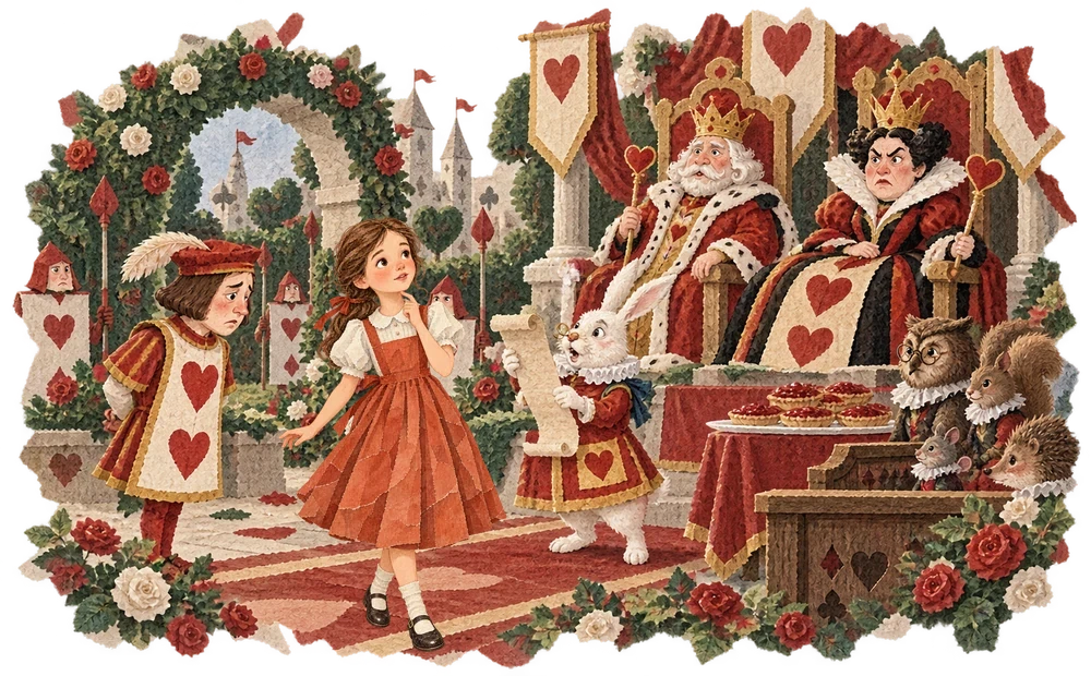 Alice sees the Knave of Hearts accused of stealing the Queen’s tarts