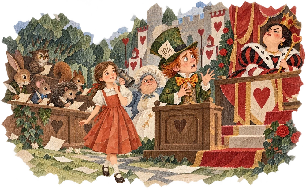 The Hatter and the Cook give confusing evidence before the jury