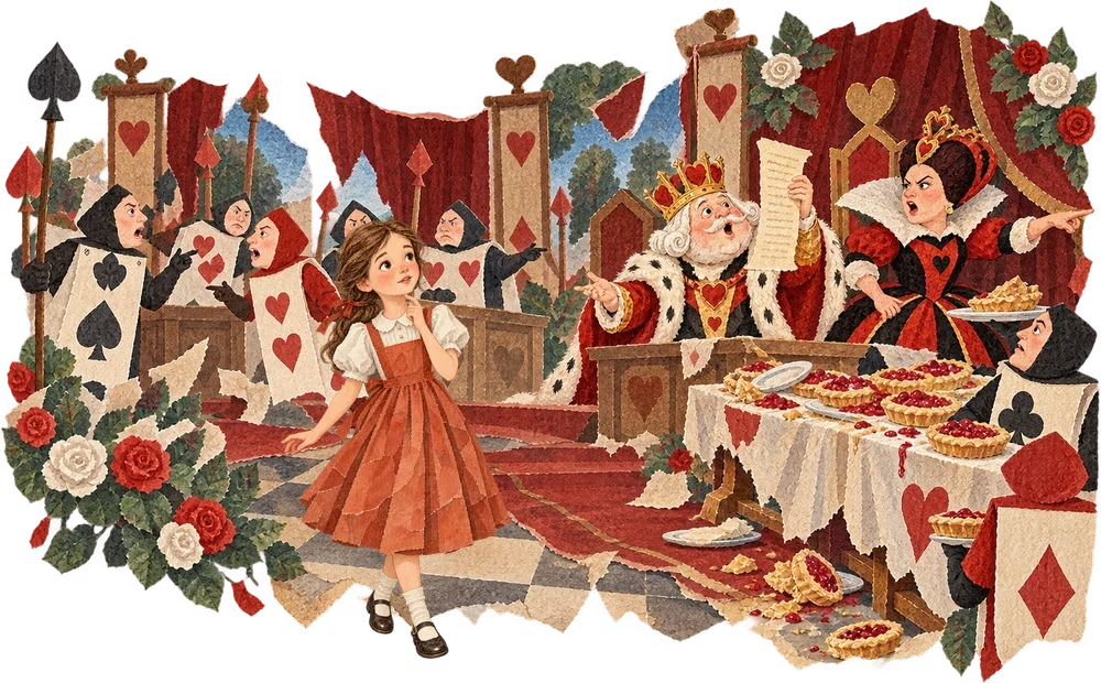 The King reads a strange letter while Alice questions the trial