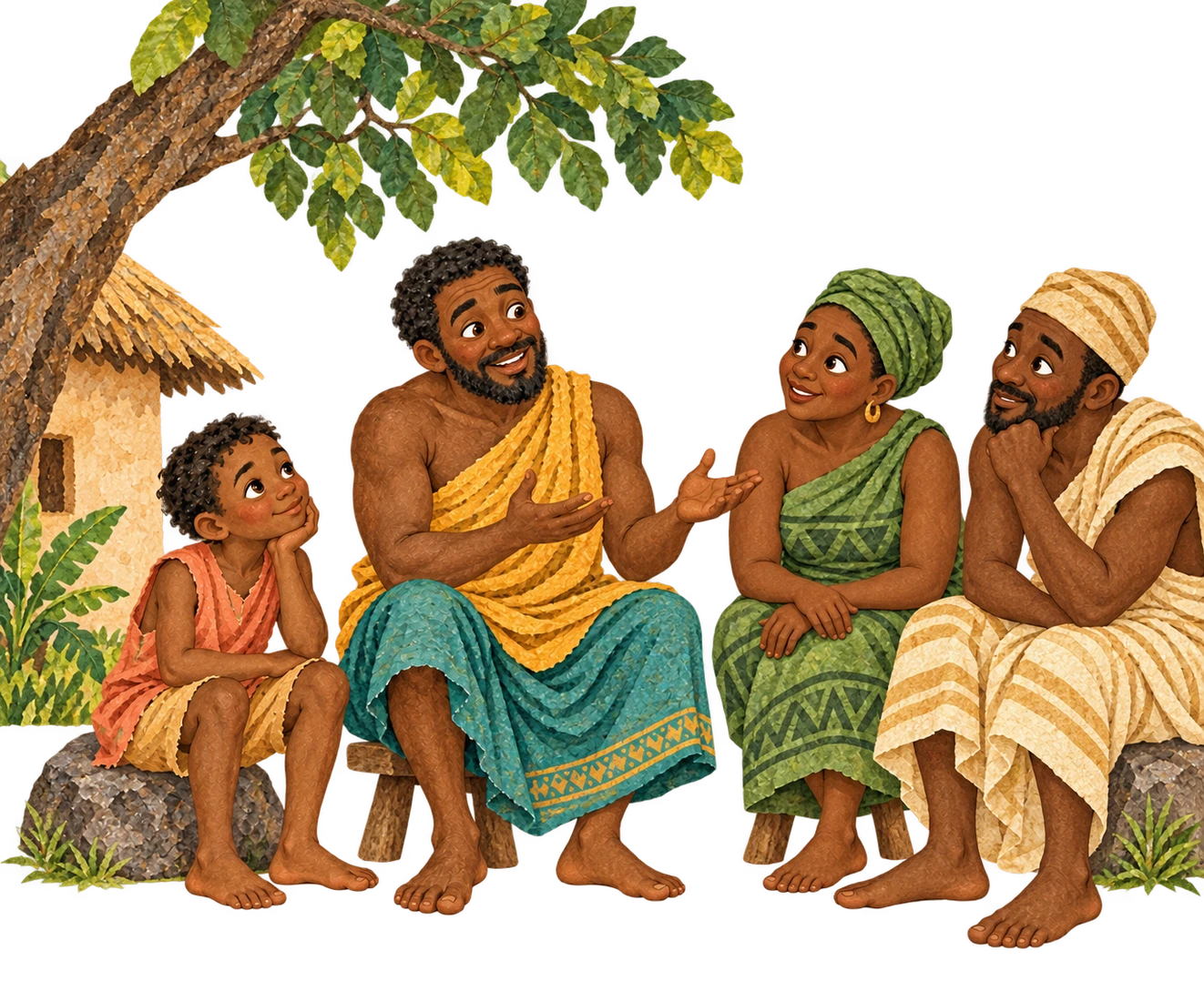 Father Anansi gives advice to neighbors while his son Kweku Tsin listens