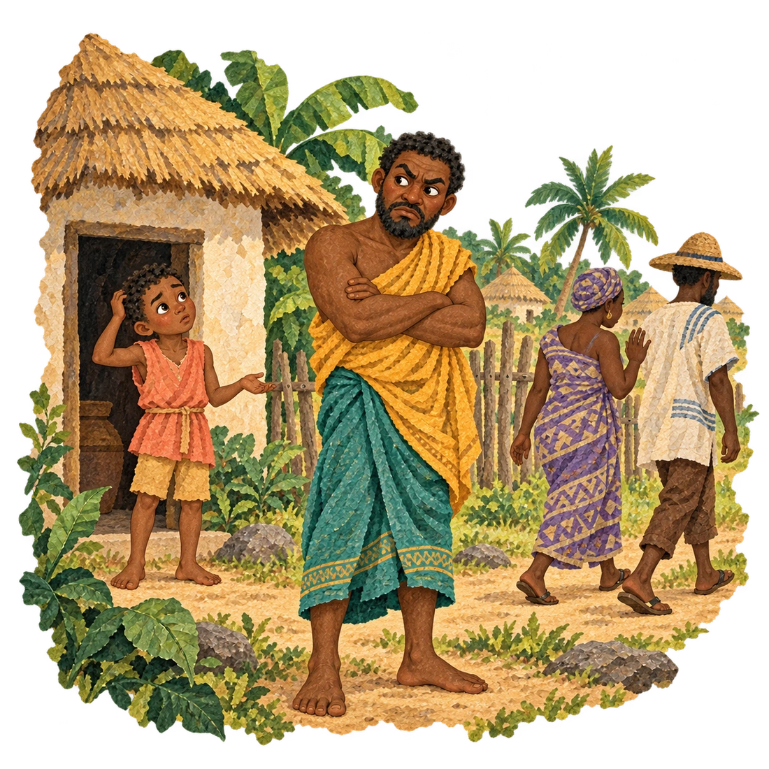 Anansi turns away from the villagers after becoming offended