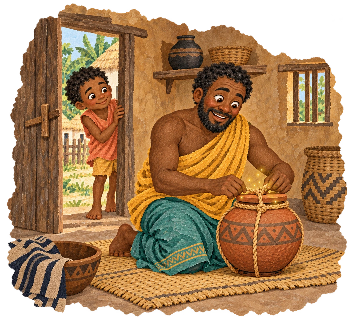 Anansi seals the wisdom inside a large clay pot with a rope sling