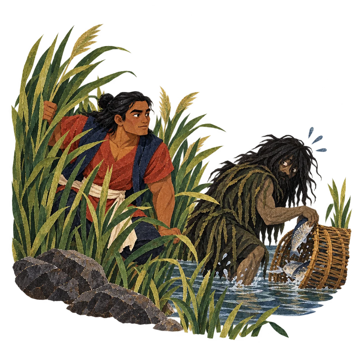Badang discovers who has been eating the fish from his river trap