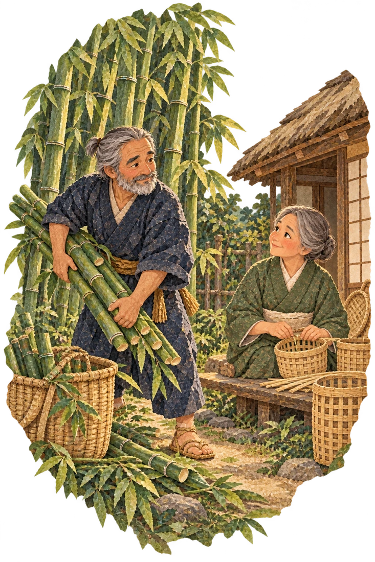 An elderly bamboo cutter works in a grove while his wife makes bamboo household goods at home