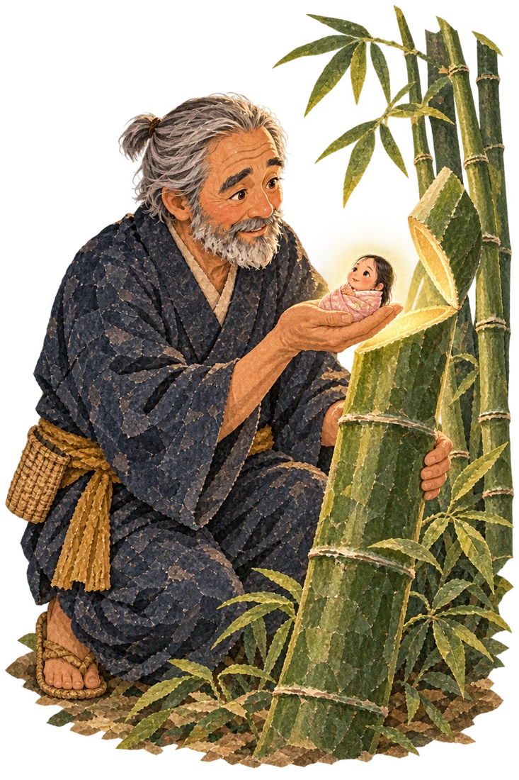 The bamboo cutter gently lifts a tiny glowing girl from a hollow bamboo stem