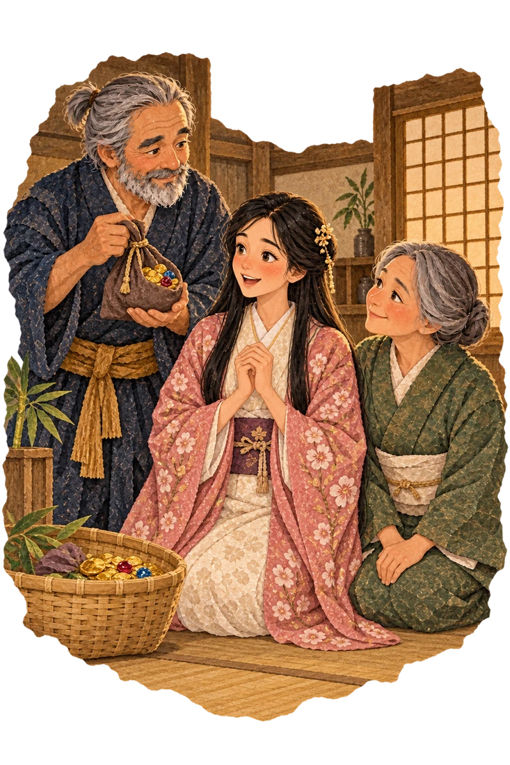 The grown daughter shines softly in the family’s new wooden home while the cutter shows gold found in bamboo