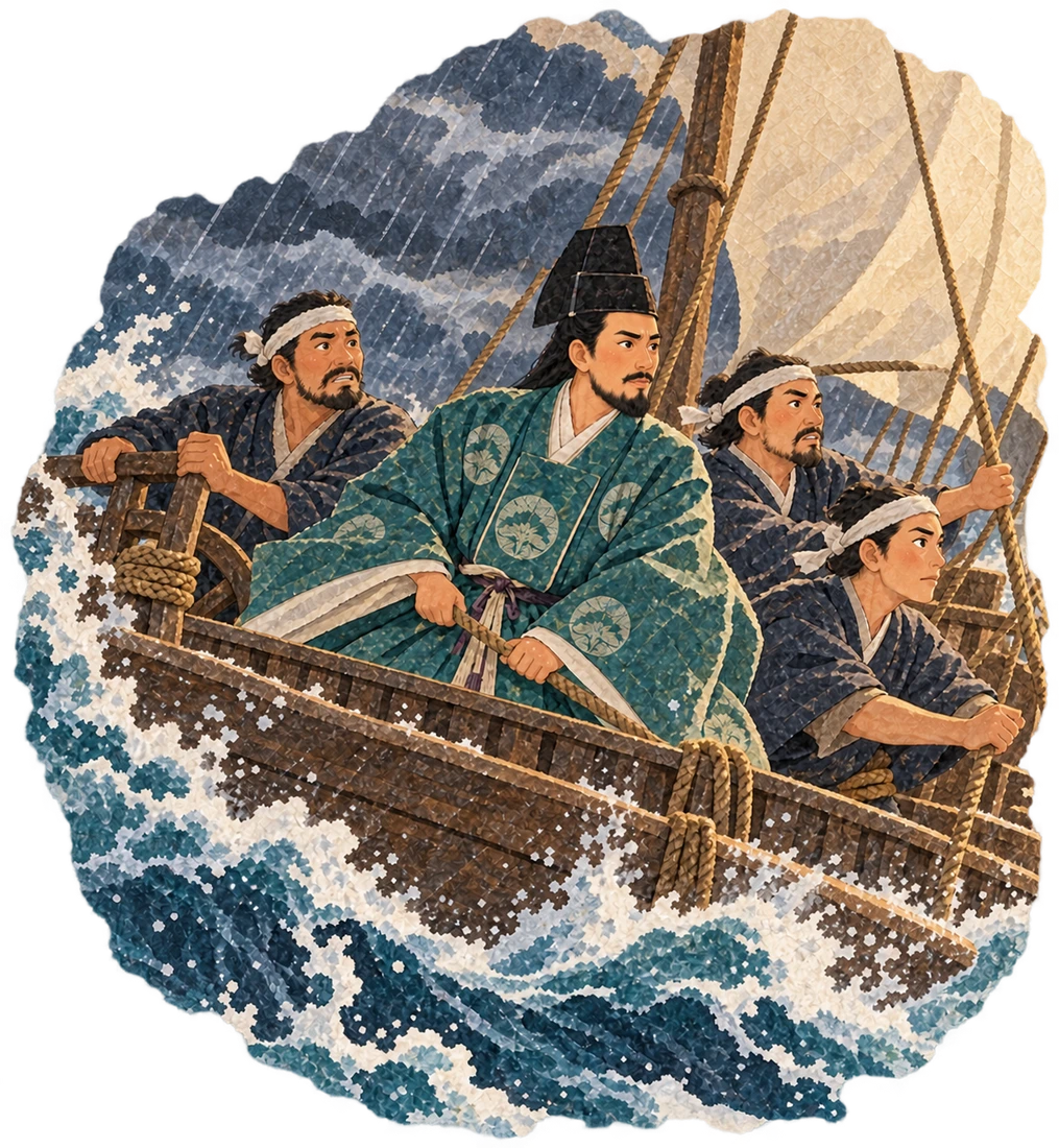 The fourth suitor and his companions face a storm aboard their small ship