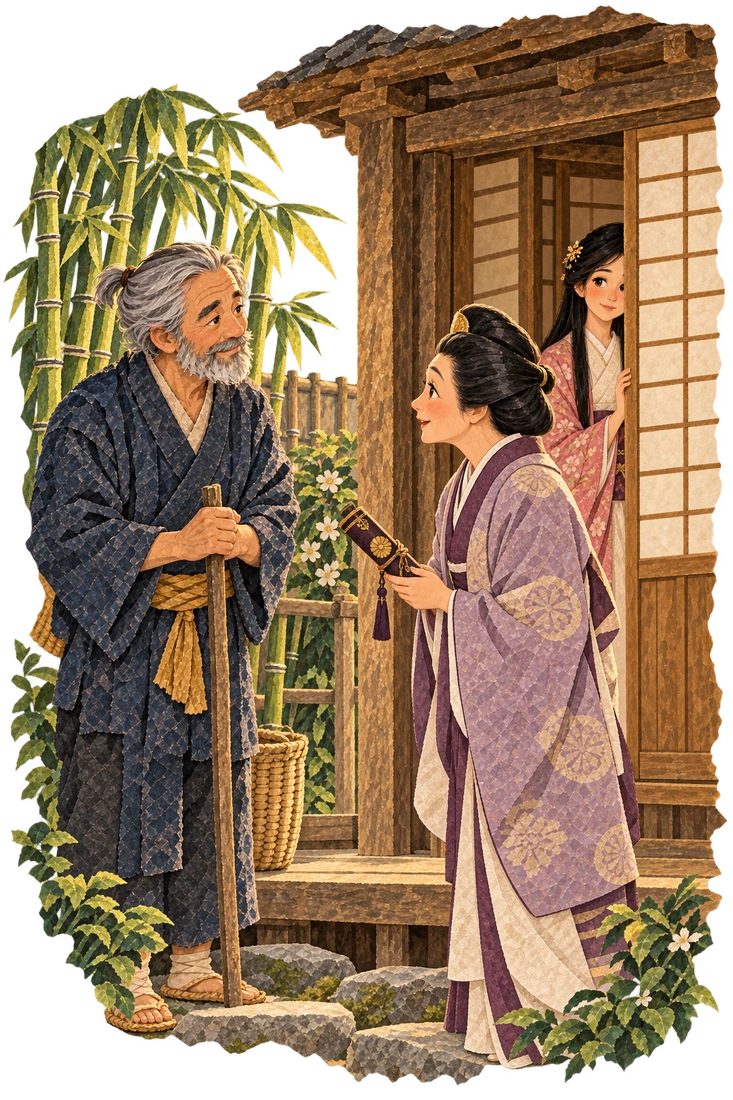 A court lady brings the Emperor’s request to the bamboo cutter while Princess Moonlight remains behind a screen