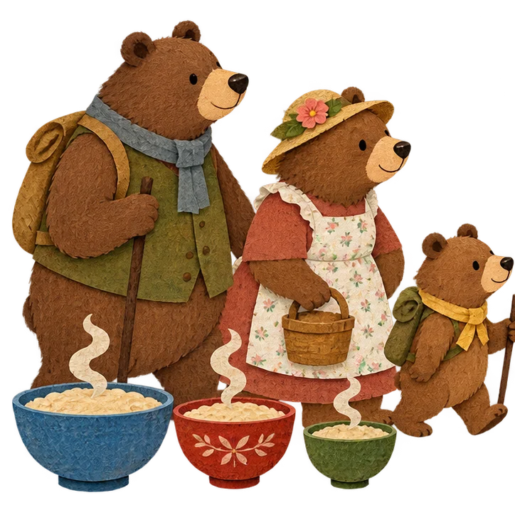 The three bears leave their porridge to cool and go walking