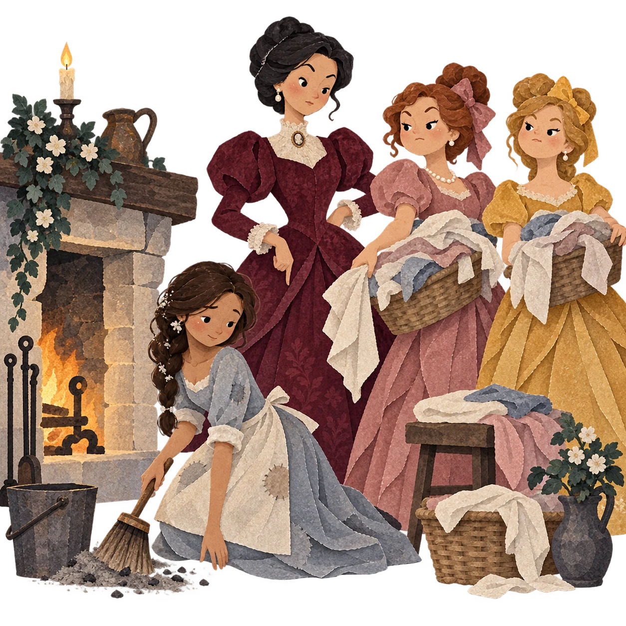 Cinderella works beside the hearth while her stepfamily watches