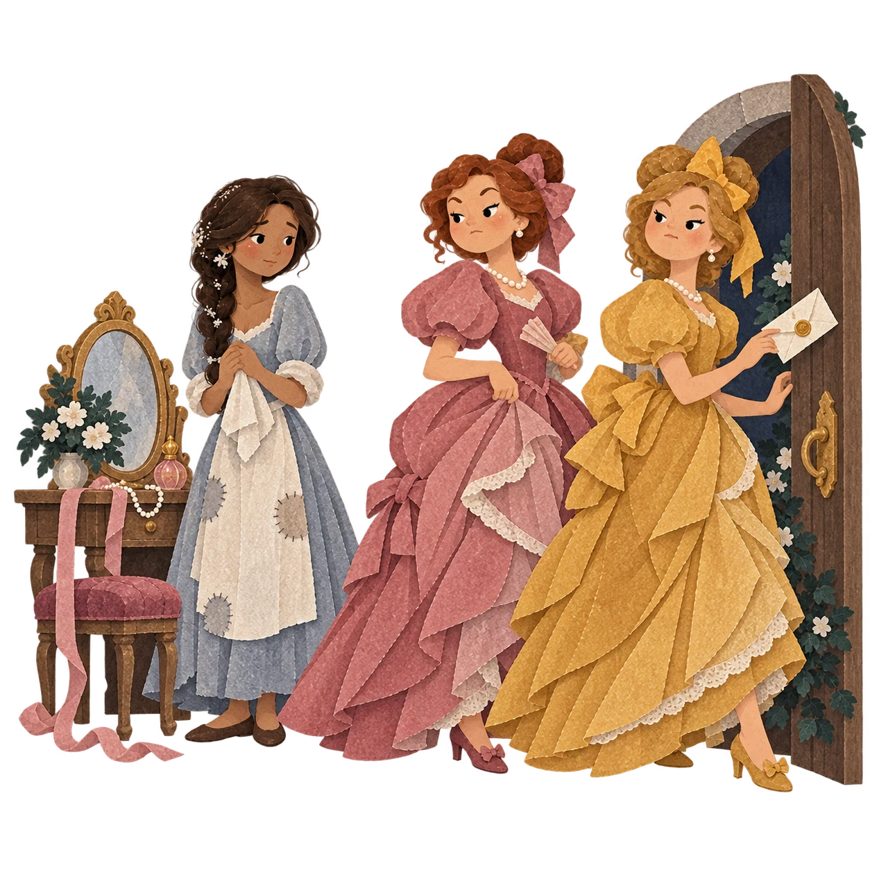 The stepsisters prepare for the prince’s ball while Cinderella stays home