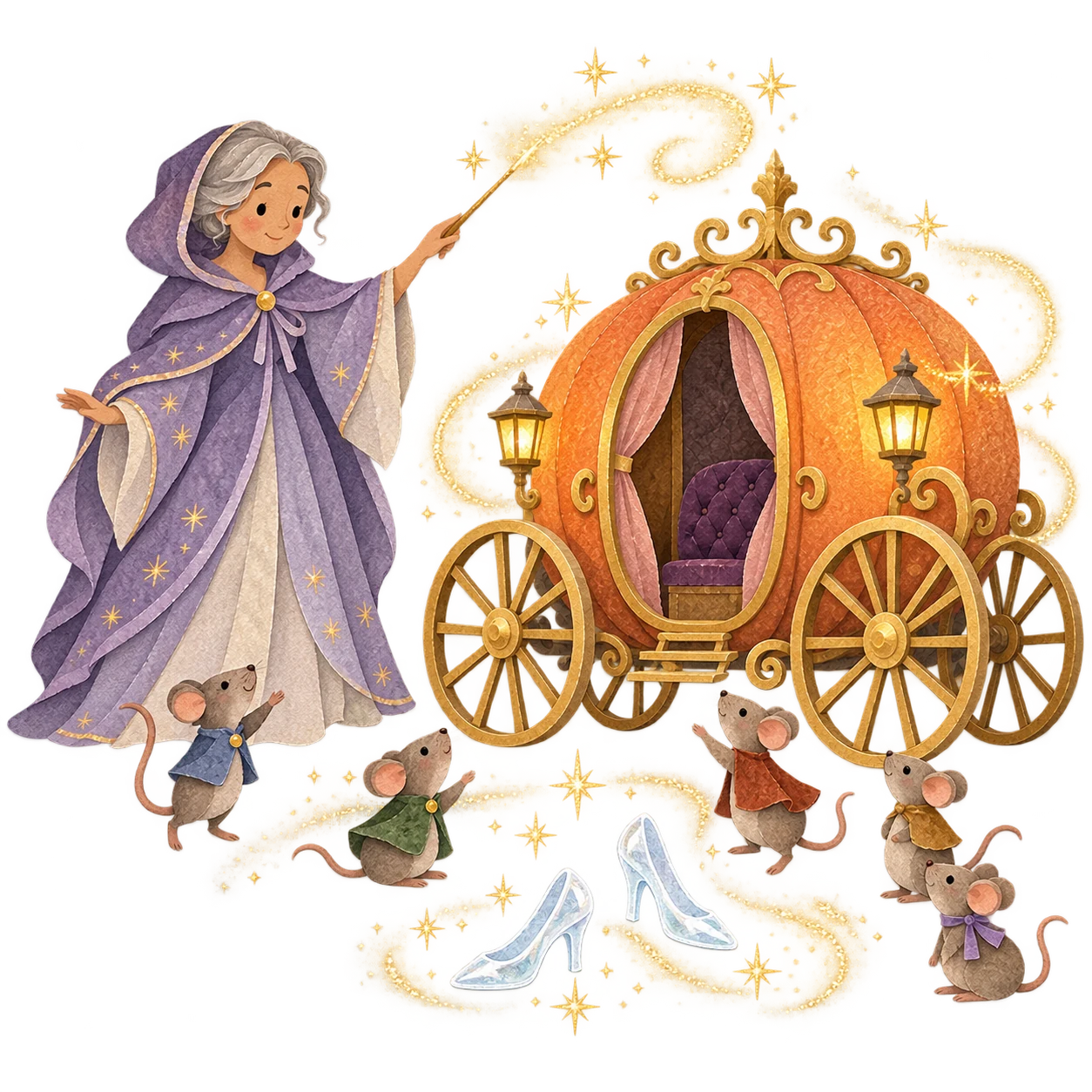 Fairy godmother turns a pumpkin into a coach beside mice and glass slippers