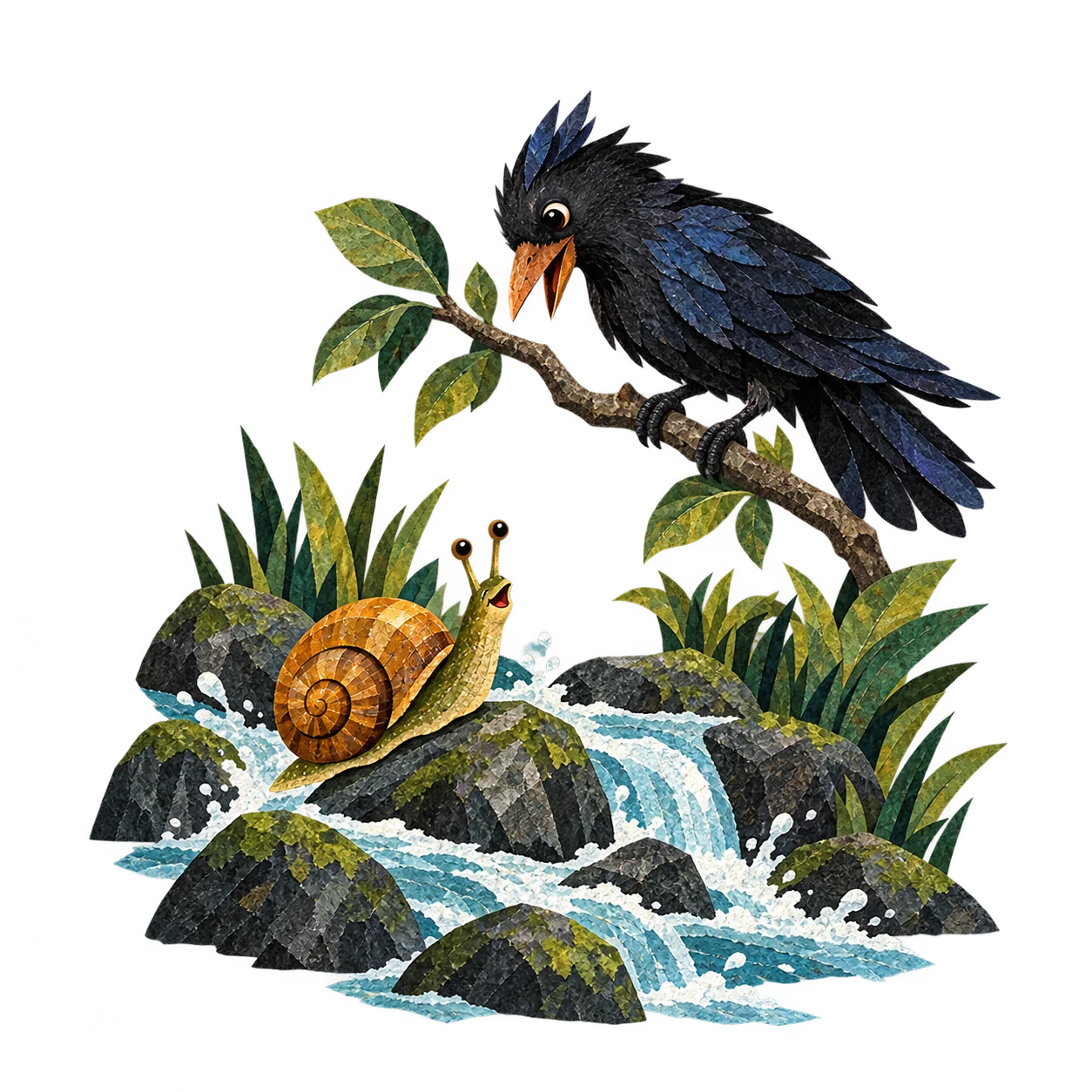 A water-snail calls out while climbing the rapids and a king-crow hears him