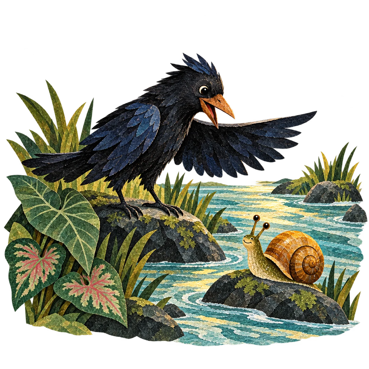 Crow and snail agree to race downriver with the river and its plants at stake
