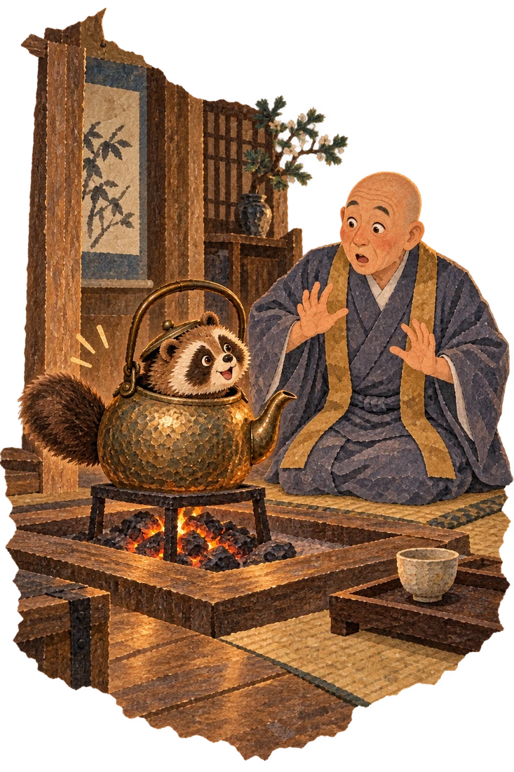 A priest watches his old bronze tea kettle sprout a badger head and tail beside the temple hearth