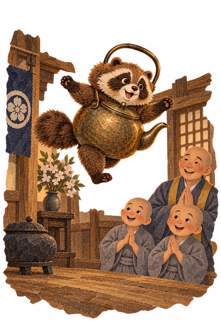 The badger-kettle bounces around the room while the priest and two novices try to catch it