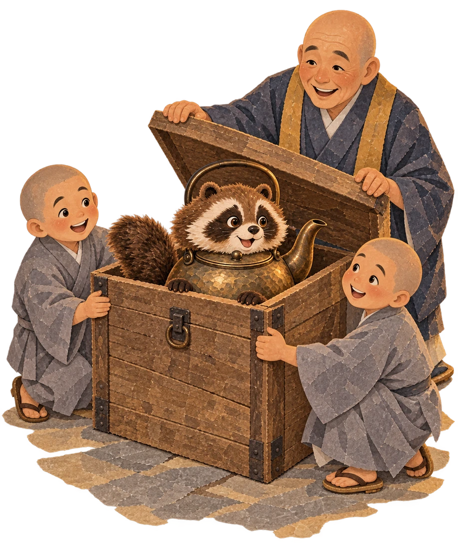 The priest and novices contain the troublesome badger-kettle in a wooden box