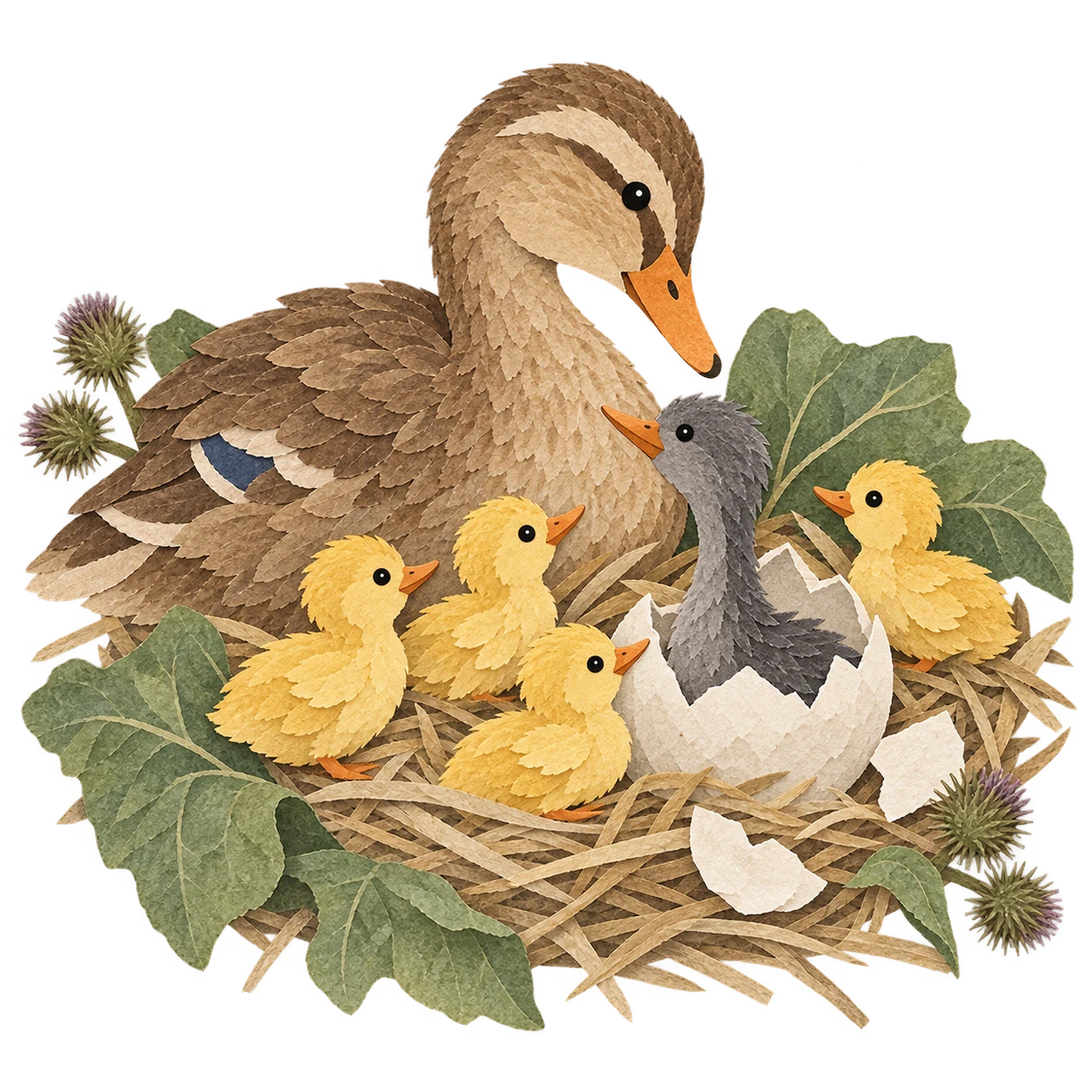 The last large egg hatches into a gray duckling among yellow ducklings