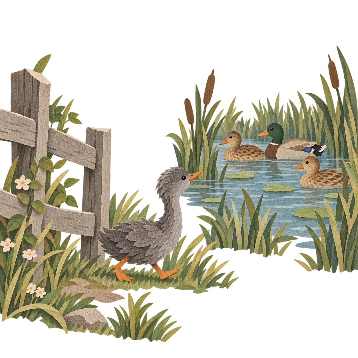 The lonely gray duckling leaves the farmyard for the marsh