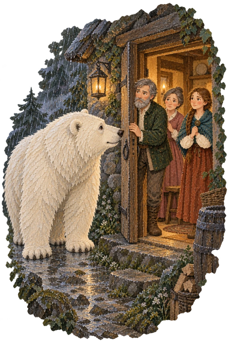 A huge white bear speaks to the farmer at the cottage door during a storm