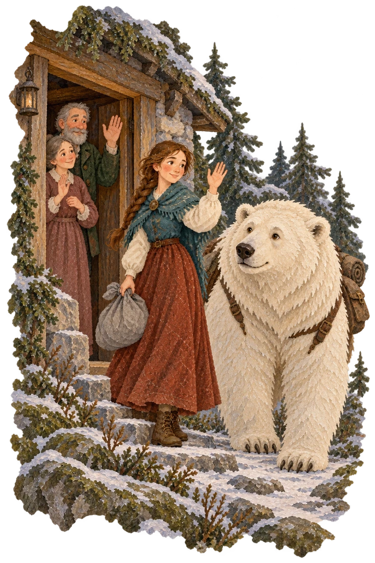 The young woman says farewell to her parents before climbing onto the waiting white bear