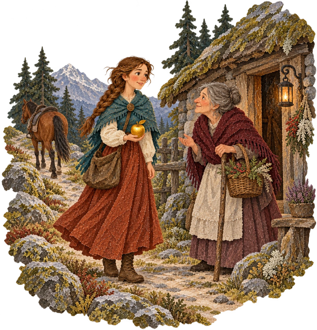 The heroine arrives on a borrowed horse with her golden apple after searching for the enchanted prince