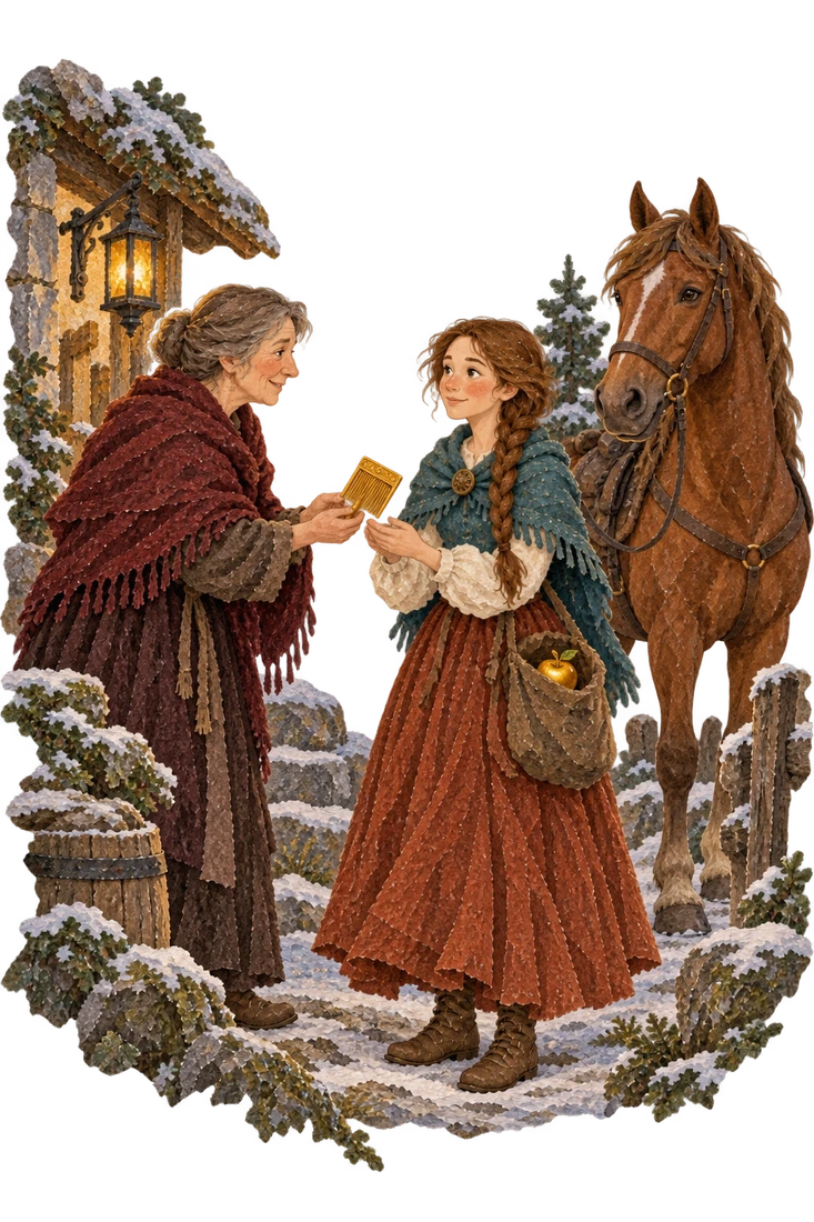 A second old woman gives the heroine a golden carding comb beside a new borrowed horse