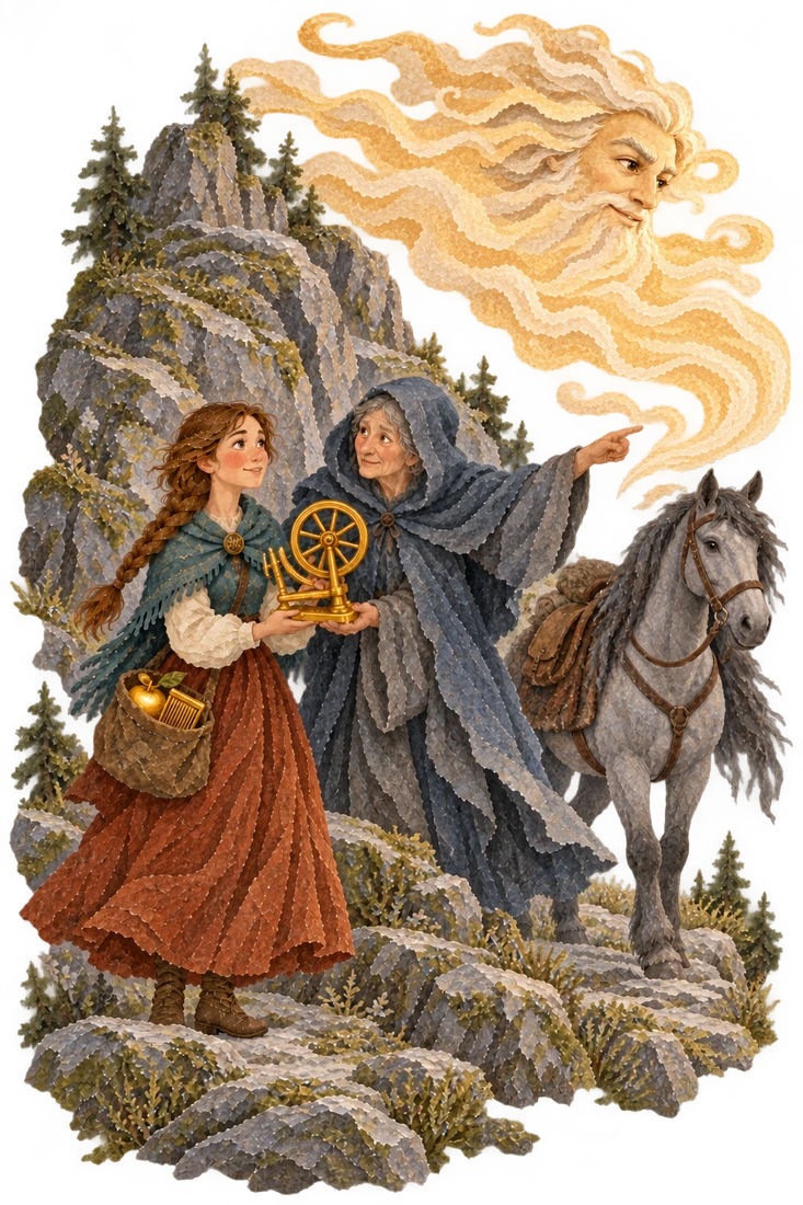 A third old woman gives the heroine a small golden spinning wheel and points toward the East Wind