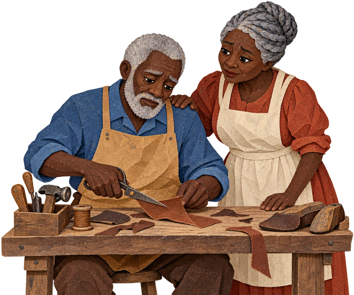 A worried shoemaker cuts his last piece of leather beside his wife