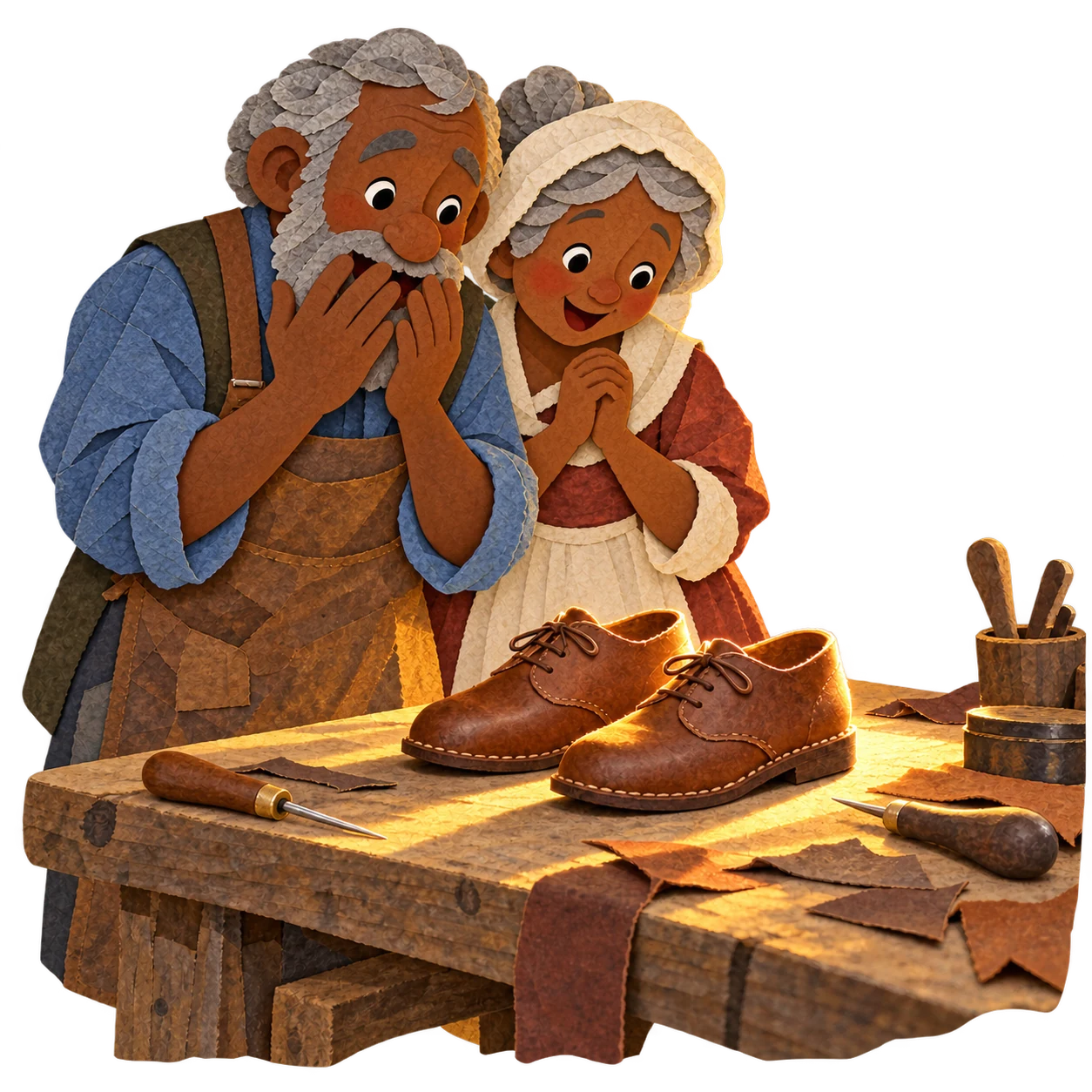 At dawn a beautifully finished pair of shoes stands on the shoemaker’s bench