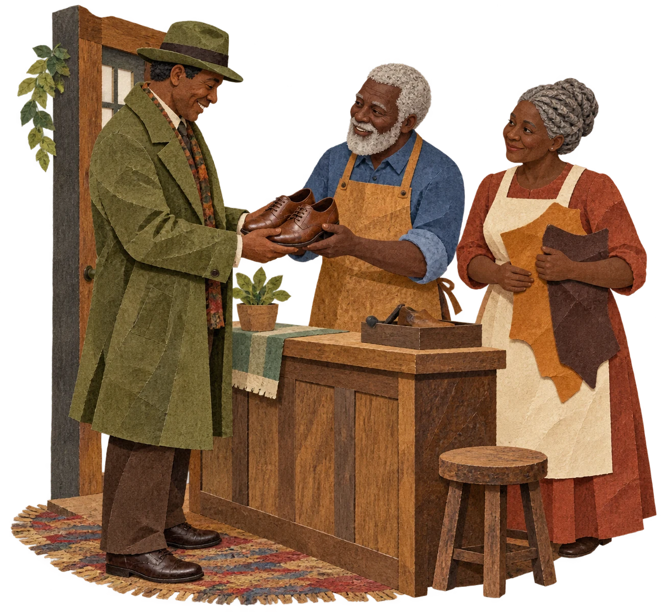 A customer buys the fine shoes allowing the shoemaker to buy leather for two pairs