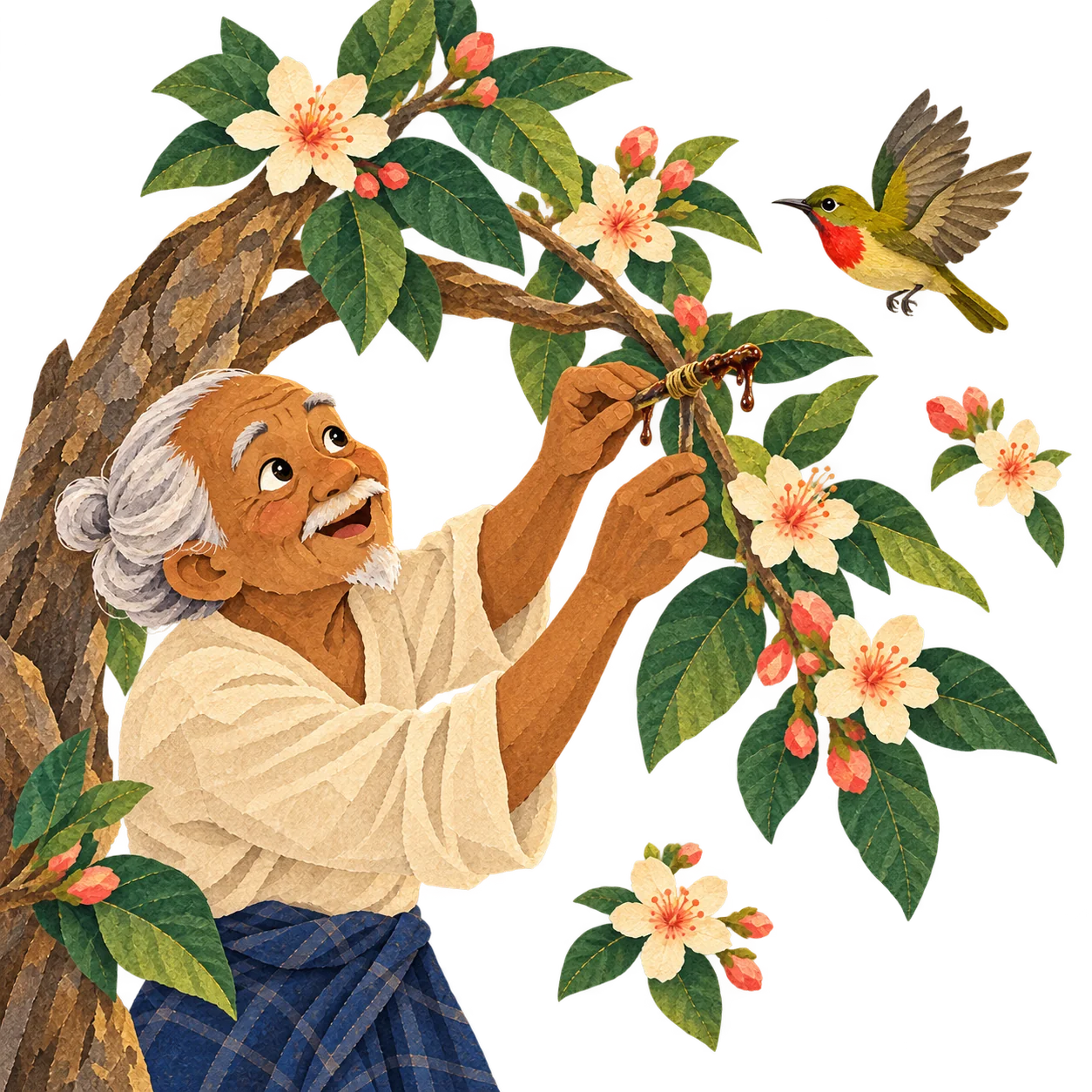 Father Lime-stick prepares a sticky twig in a flowering tree